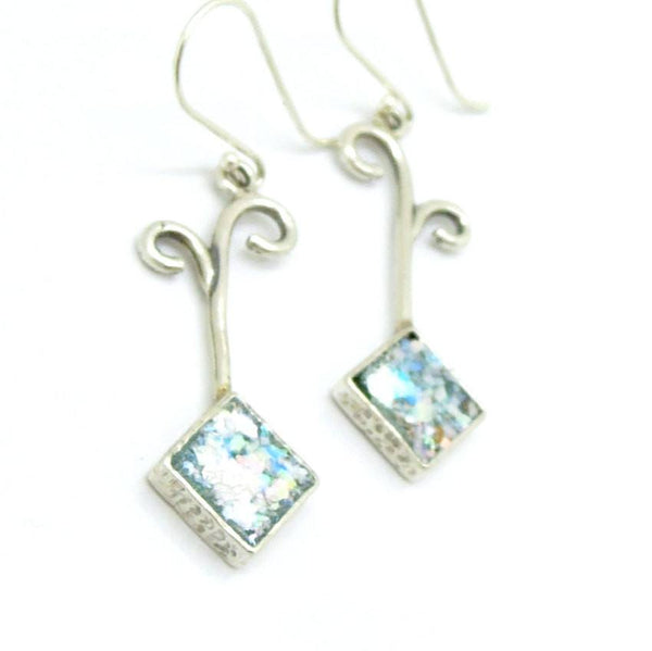 Earrings - Roman Glass And Silver Earring - Square Unique Design