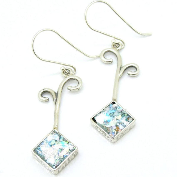 Earrings - Roman Glass And Silver Earring - Square Unique Design