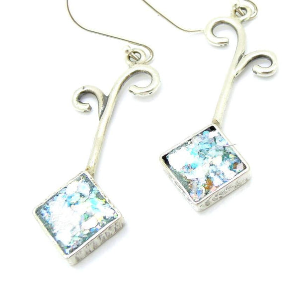 Earrings - Roman Glass And Silver Earring - Square Unique Design