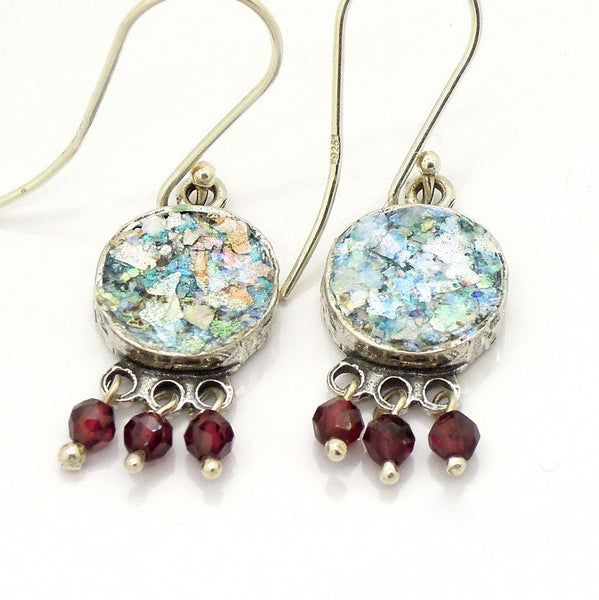 Earrings - Roman Glass And Silver Earrings - Garnet Gemstone Unique Design