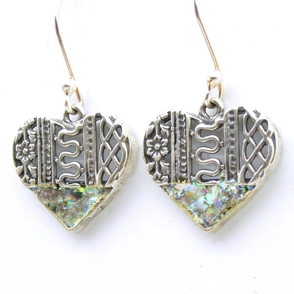 Earrings - Roman Glass And Silver Earrings - Heart Shaped