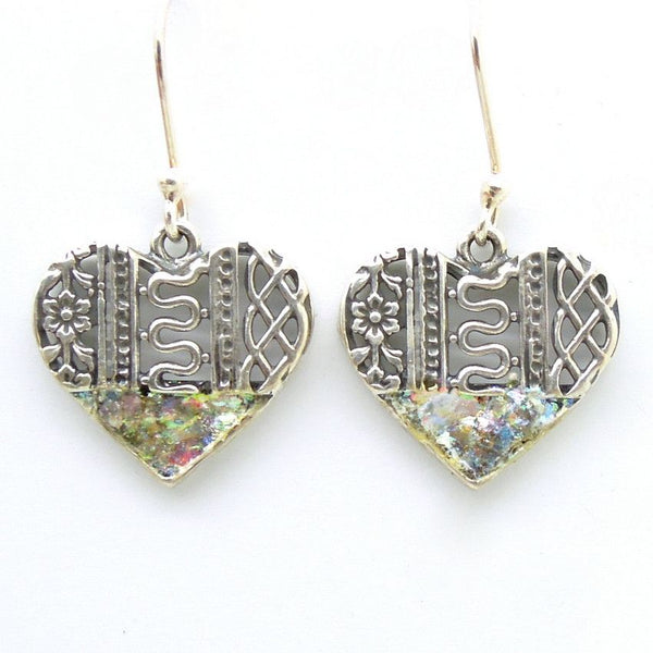 Earrings - Roman Glass And Silver Earrings - Heart Shaped