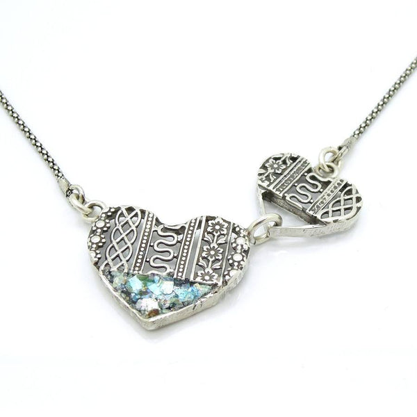 Earrings - Roman Glass And Silver Earrings - Heart Shaped