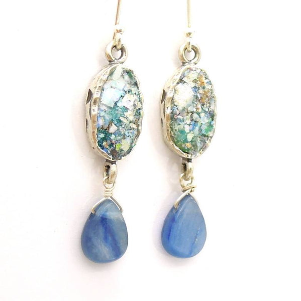 Earrings - Roman Glass And Silver Earrings - Kyanite Gemstone Unique Design