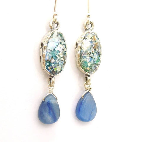 Earrings - Roman Glass And Silver Earrings - Kyanite Gemstone Unique Design