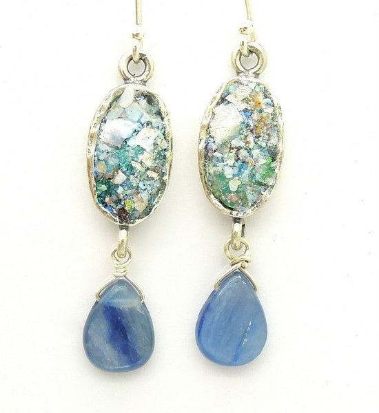 Earrings - Roman Glass And Silver Earrings - Kyanite Gemstone Unique Design