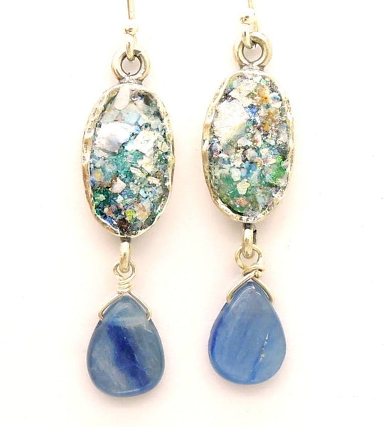 Earrings - Roman Glass And Silver Earrings - Kyanite Gemstone Unique Design