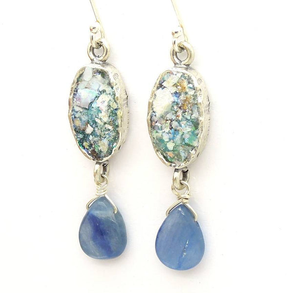 Earrings - Roman Glass And Silver Earrings - Kyanite Gemstone Unique Design