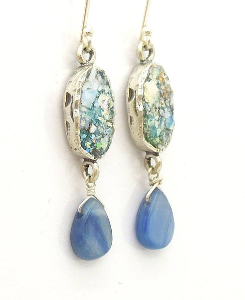 Earrings - Roman Glass And Silver Earrings - Kyanite Gemstone Unique Design