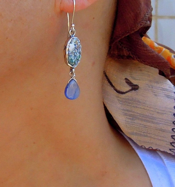 Earrings - Roman Glass And Silver Earrings - Kyanite Gemstone Unique Design