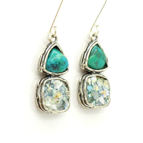 Earrings - Roman Glass And Silver Earrings - Turquoise And Silver Unique Design