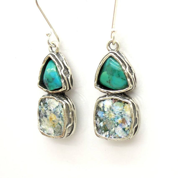 Earrings - Roman Glass And Silver Earrings - Turquoise And Silver Unique Design