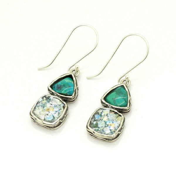 Earrings - Roman Glass And Silver Earrings - Turquoise And Silver Unique Design