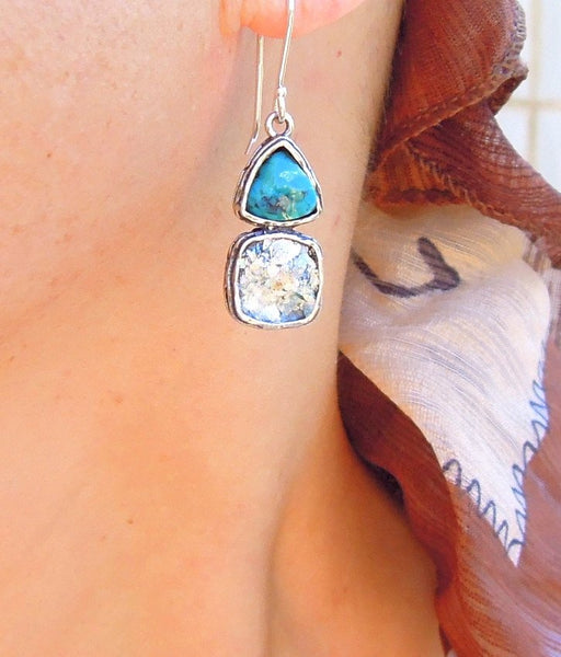 Earrings - Roman Glass And Silver Earrings - Turquoise And Silver Unique Design