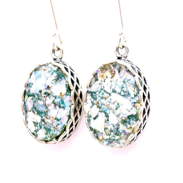 Earrings - Roman Glass And Silver Oval Earrings