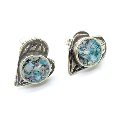 Earrings - Roman Glass And Silver Stud Earring - Heart Unique Design