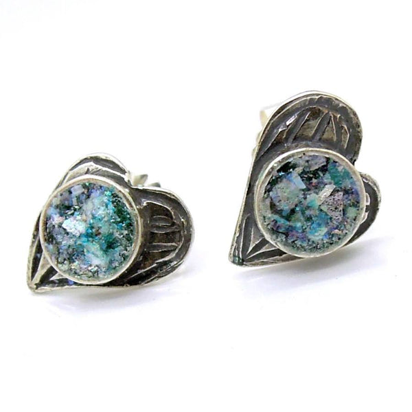 Earrings - Roman Glass And Silver Stud Earring - Heart Unique Design