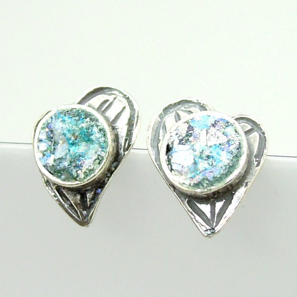 Earrings - Roman Glass And Silver Stud Earring - Heart Unique Design