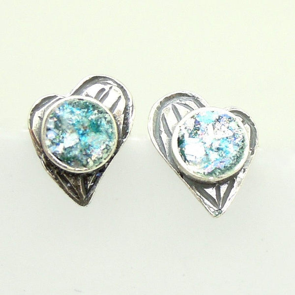 Earrings - Roman Glass And Silver Stud Earring - Heart Unique Design