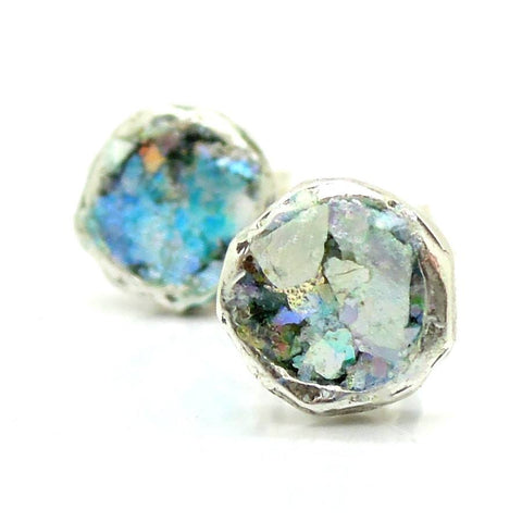 Earrings - Roman Glass And Silver Stud Earrings - Round Version