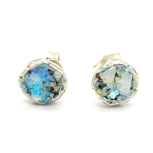 Earrings - Roman Glass And Silver Stud Earrings - Round Version