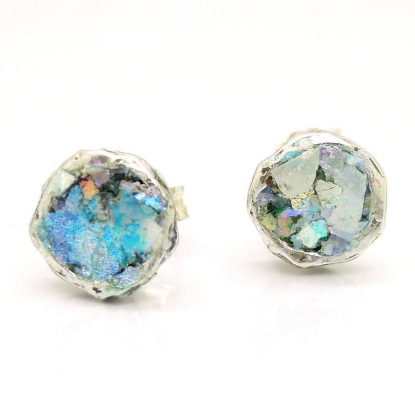 Earrings - Roman Glass And Silver Stud Earrings - Round Version
