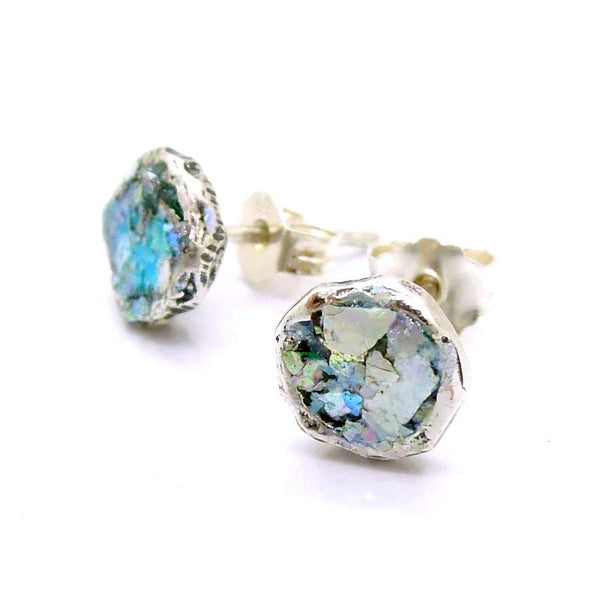 Earrings - Roman Glass And Silver Stud Earrings - Round Version