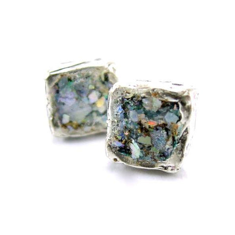 Earrings - Roman Glass And Silver Stud Earrings - Square Version