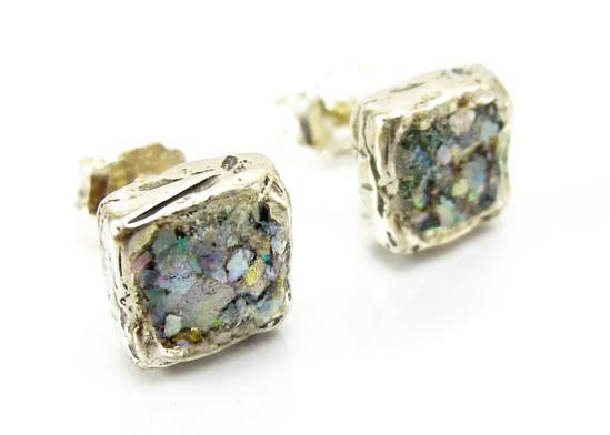 Earrings - Roman Glass And Silver Stud Earrings - Square Version