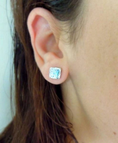 Earrings - Roman Glass And Silver Stud Earrings - Square Version