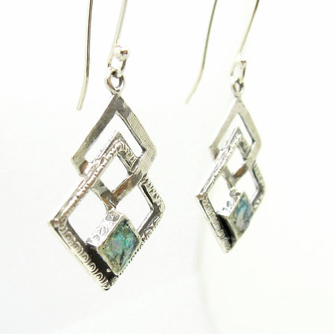 Earrings - Roman Glass Earrings Set In Sterling Silver 3 Square Shapes