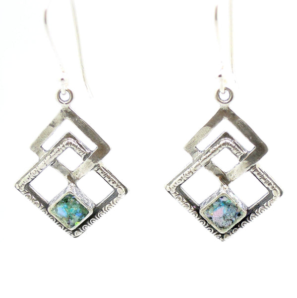 Earrings - Roman Glass Earrings Set In Sterling Silver 3 Square Shapes