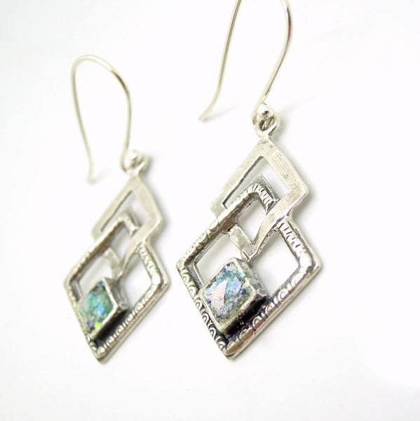Earrings - Roman Glass Earrings Set In Sterling Silver 3 Square Shapes
