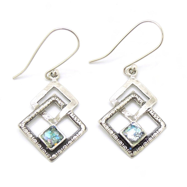 Earrings - Roman Glass Earrings Set In Sterling Silver 3 Square Shapes