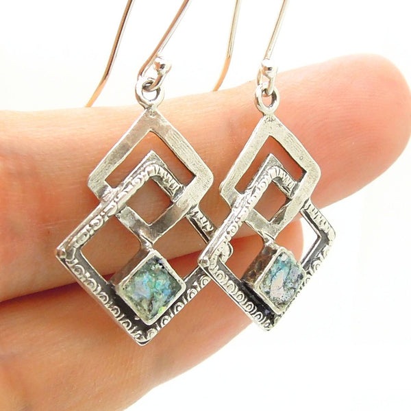 Earrings - Roman Glass Earrings Set In Sterling Silver 3 Square Shapes