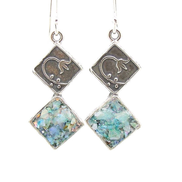 Earrings - Roman Glass Earrings With A Flower Scroll On Sterling Silver