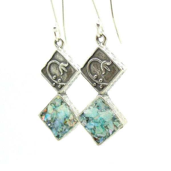 Earrings - Roman Glass Earrings With A Flower Scroll On Sterling Silver
