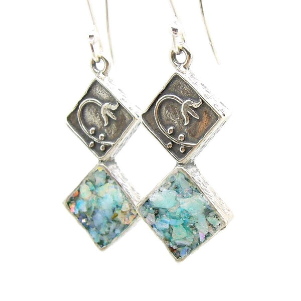 Earrings - Roman Glass Earrings With A Flower Scroll On Sterling Silver