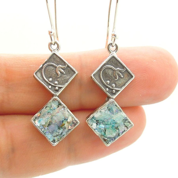 Earrings - Roman Glass Earrings With A Flower Scroll On Sterling Silver