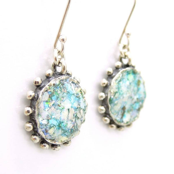 Earrings - Round Circle Silver Earrings With Roman Glass