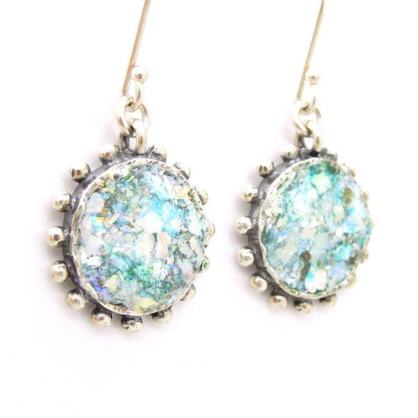 Earrings - Round Circle Silver Earrings With Roman Glass