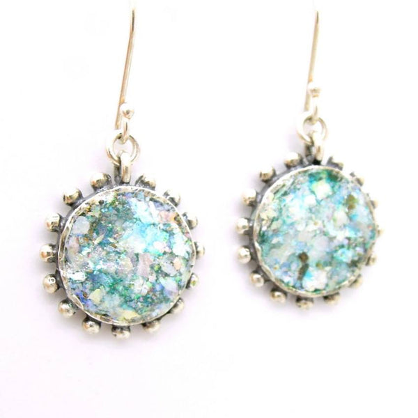 Earrings - Round Circle Silver Earrings With Roman Glass