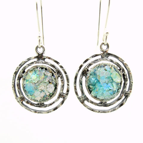 Earrings - Round Dangle Earrings With Roman Glass Set In Sterling Silver