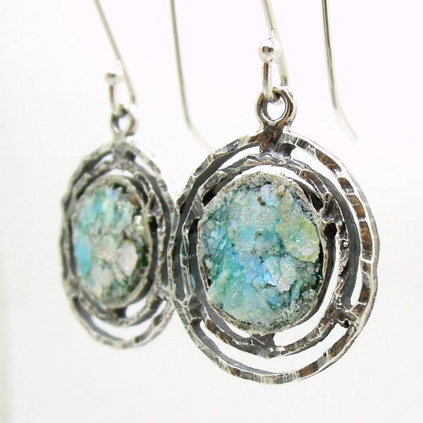 Earrings - Round Dangle Earrings With Roman Glass Set In Sterling Silver