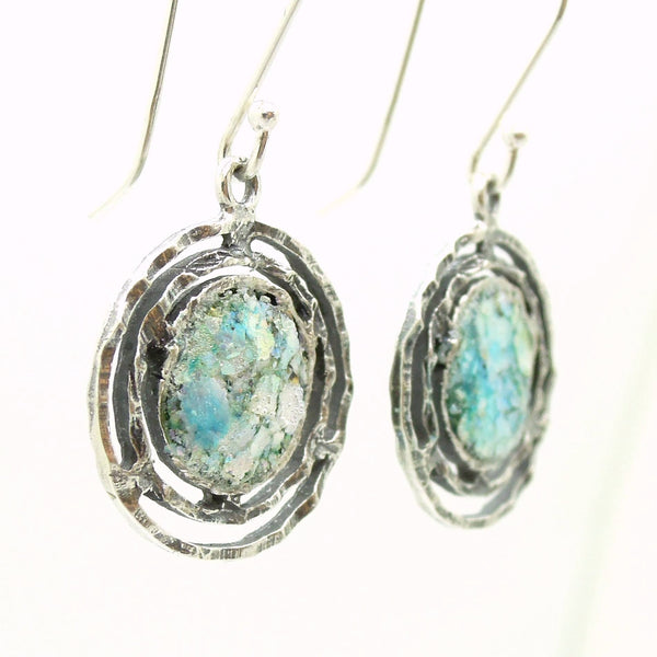Earrings - Round Dangle Earrings With Roman Glass Set In Sterling Silver