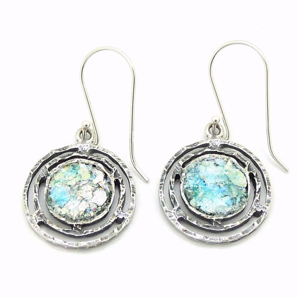 Earrings - Round Dangle Earrings With Roman Glass Set In Sterling Silver