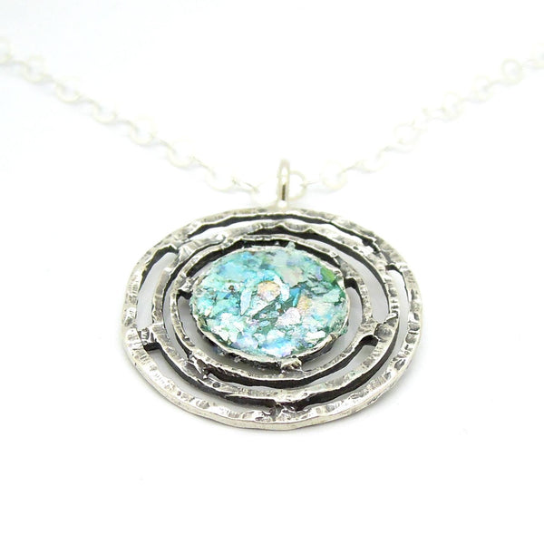 Earrings - Round Dangle Earrings With Roman Glass Set In Sterling Silver