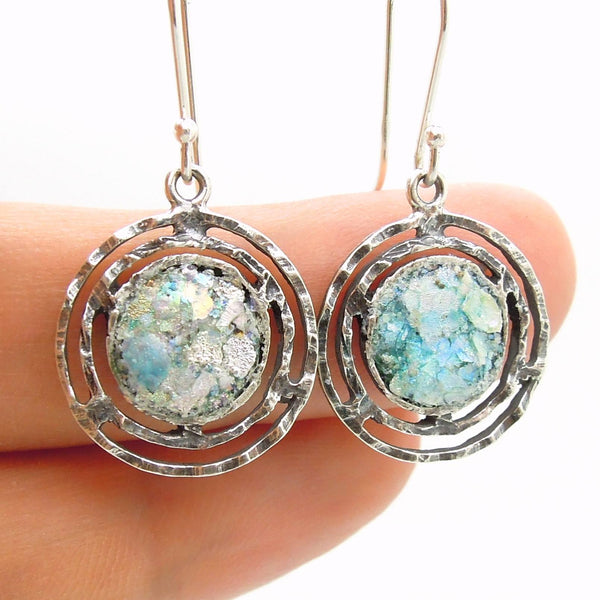 Earrings - Round Dangle Earrings With Roman Glass Set In Sterling Silver