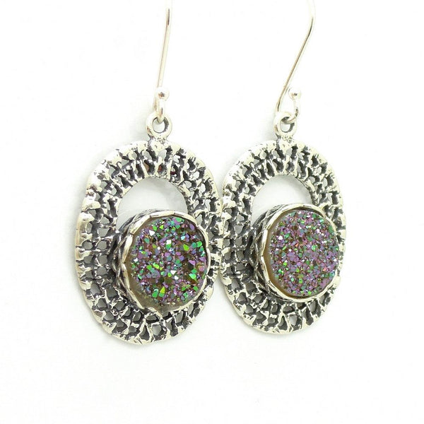Earrings - Round Green Druzy Agate Set In Oval Silver Earrings