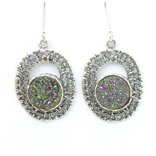 Earrings - Round Green Druzy Agate Set In Oval Silver Earrings